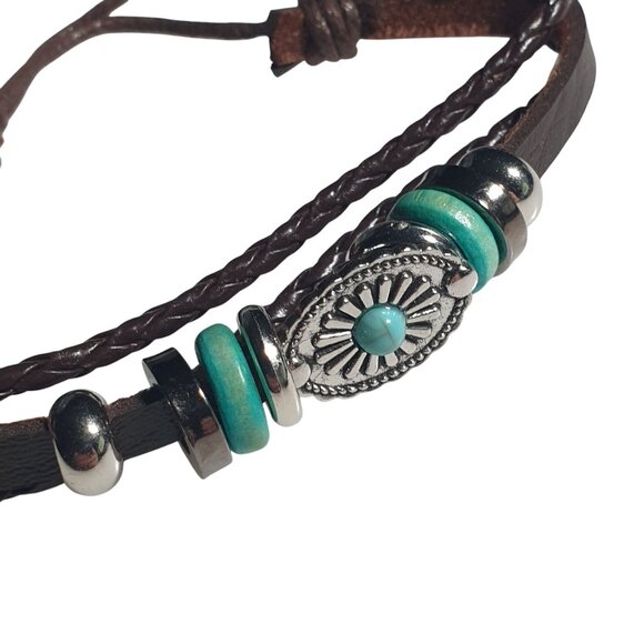 Brown Leather Bracelet Beads Silver Tone Adjustable Boho Design Handmade Unique - Picture 2 of 4